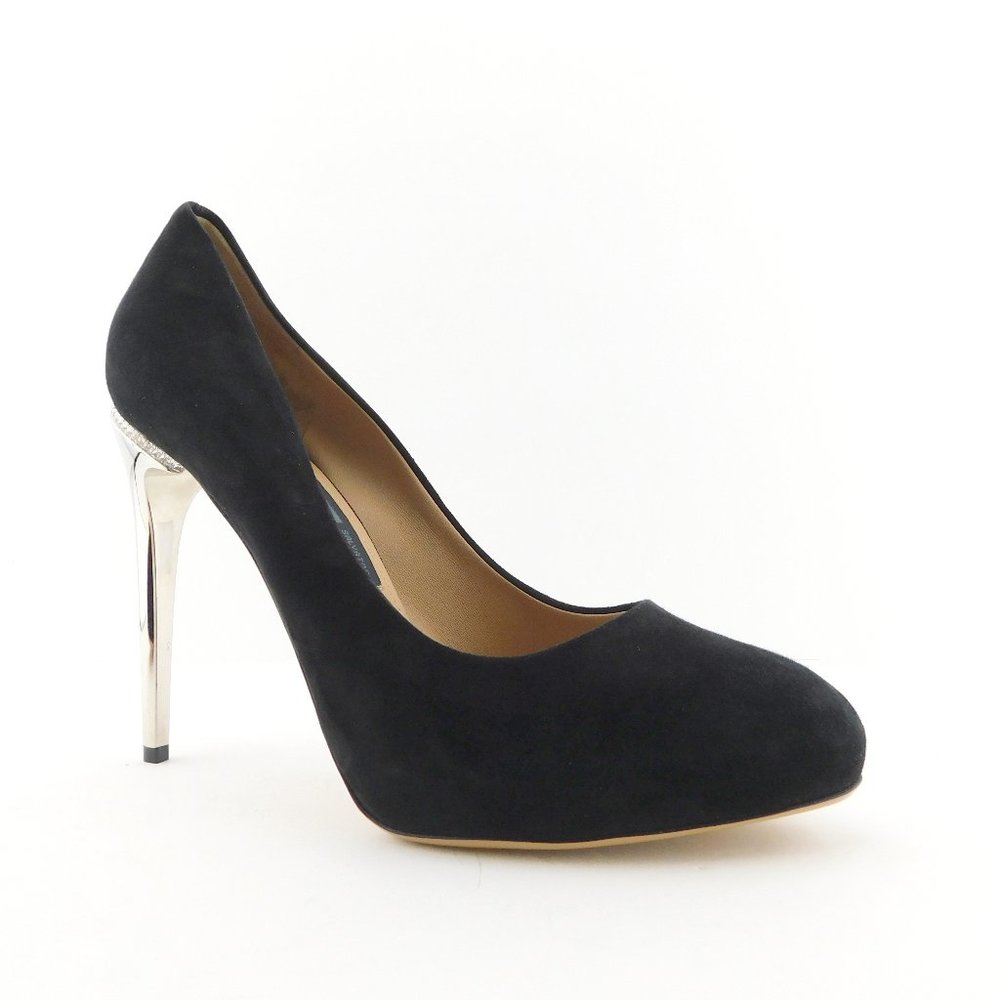 New FERRAGAMO Black Suede Leather Crystal Accent Trim Heel Pumps 8.5 - Picture 3 of 10